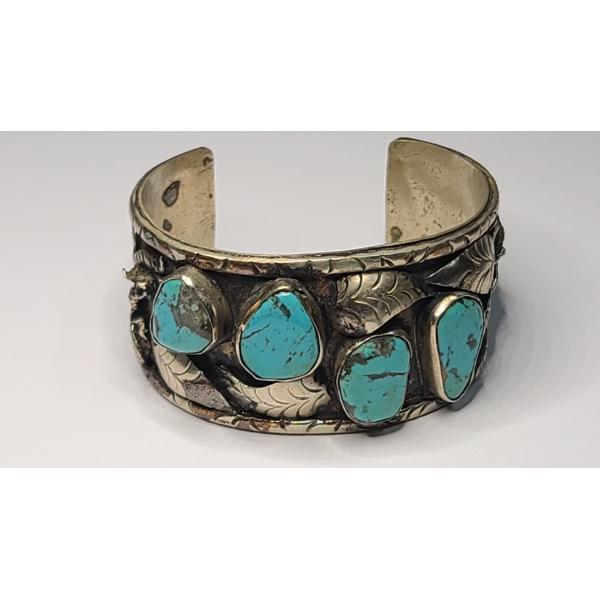 Vintage Mexico Southwest Style Turquoise-Like Cuff Bracelet 