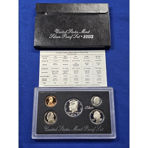 1993 S United States Mint Proof Silver Set - 5 Coin Set w/ Box & COA