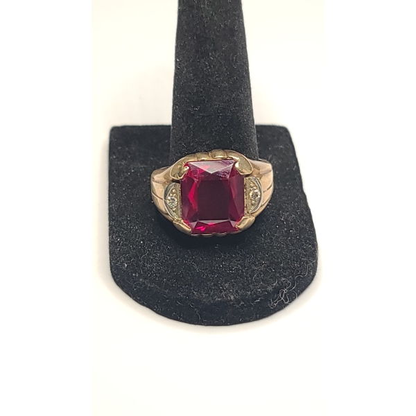 Men's Vintage 10K Yellow Gold Art Deco Ring With Ruby & Accent Diamonds - Size 11 - Weight: 9.2g
