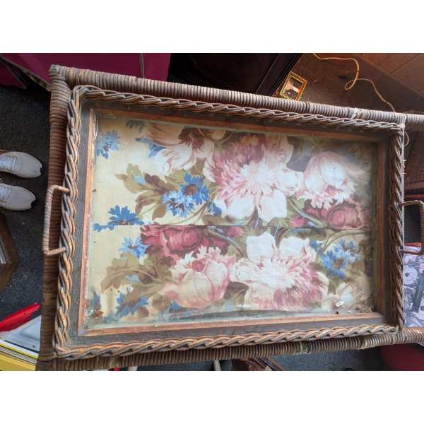 Beautiful Wicker Tea Cart With Floral Glass Top