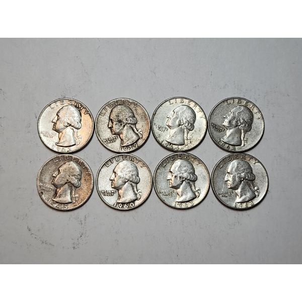 Lot of 8 Assorted Years Silver Washington Quarters FV: $2.00