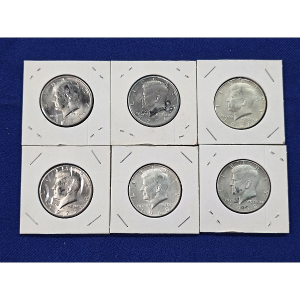 Lot of (6) Kennedy Half Dollar Coins (2) 1968-D, (3) 1971-D, 1967
