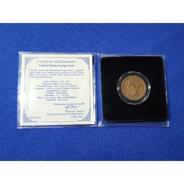 1848 United States Large Cent - In Holder With Certificate of Authenticity