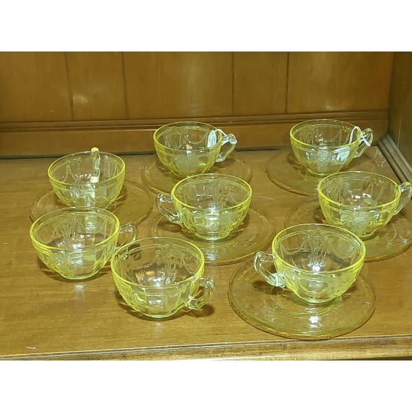 Antique  "Cameo / Ballerina" Depression Glass Cups & Saucers Also Known As "Dancing Girl"  See Desc.