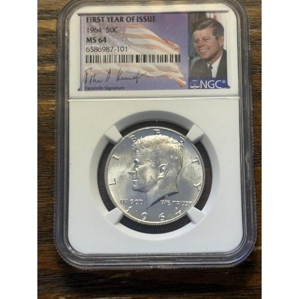 NGC First Year of Issue 1964 50C MS 64 - 90% Silver - Kennedy Half Dollar - Slabbed - FV $0.50