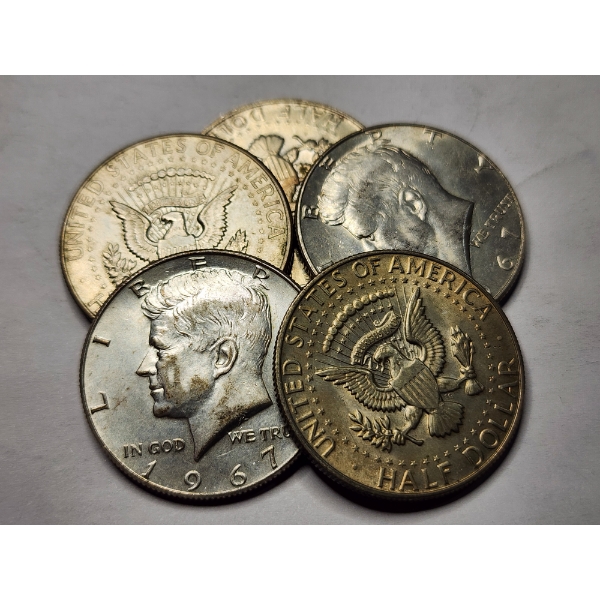Five 40% Silver Kennedy Half Dollars - $2.50 Face Value