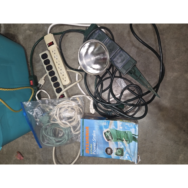 Large Group Of Rope, Bungees, Power Strips, Spot Light, & Extension Cords