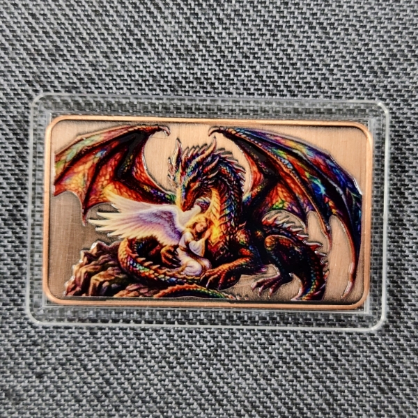One Troy Ounce .999 Fine Copper Art Bar Featuring Beautiful Angel & Dragon Colorized Depiction ~