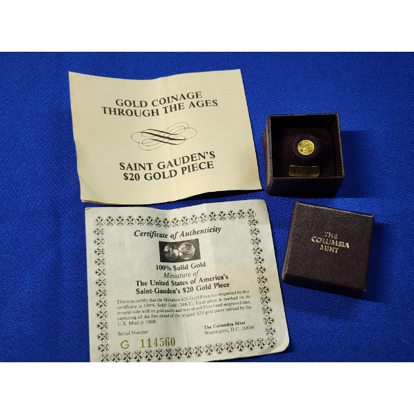 100% Solid 24 Karat Gold Miniature - 1908 Saint-Gauden's $20 Gold Piece - The Columbia Mint