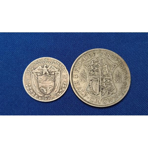 1930 British 50% Silver Half Crown & 1930 Republic Of Panama 90% Silver Balboa Coin 