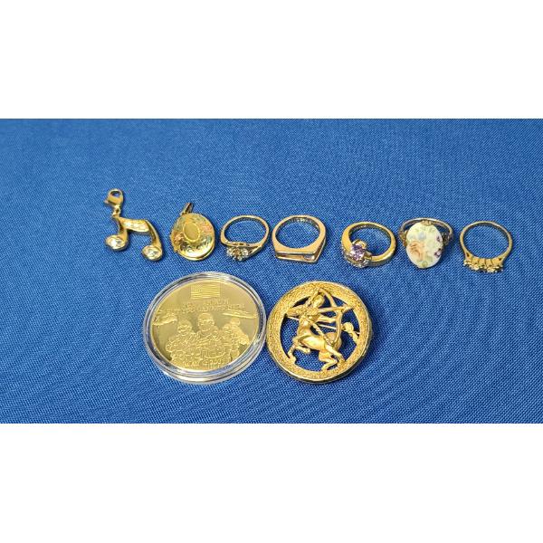 Assorted Gold Plated/Gold Electroplated Rings, Brooch & More