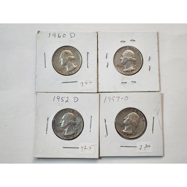 Four U.S. 90% Silver Washington Quarters: 1960-D, 1964, 1952-D, 1957-D FV: $1.00