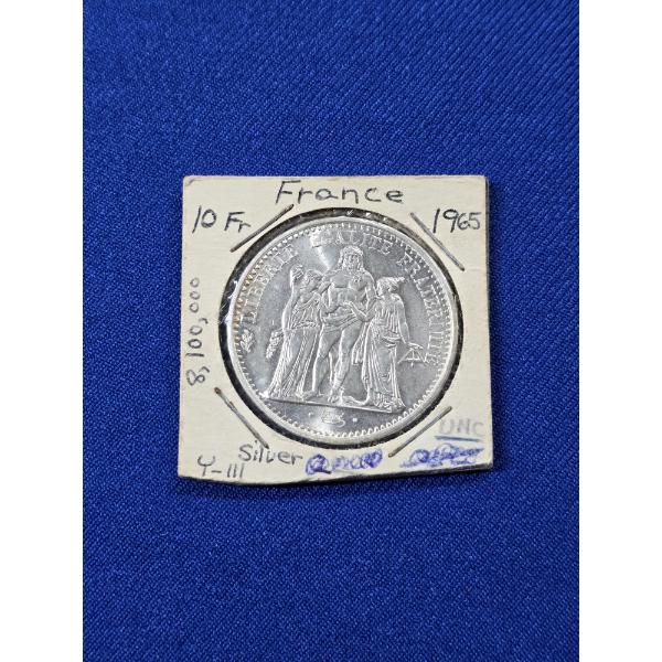 Uncirculated 1965 France 10 Francs Hercules Silver Coin - High-Grade Coin!