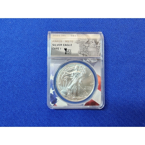 2021- W Silver Eagle Type 1 - 1 oz Fine Silver $1 Coin ANACS MS 70 