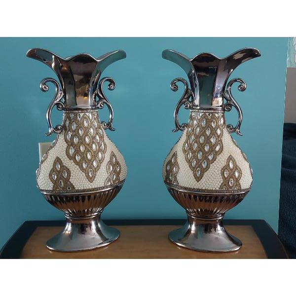 Spectular Pair Monumental Embellished Chrome & Porcelain Pearl & Crystal Studded Vases 23" Tall