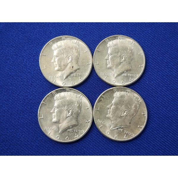 Lot of 4 90% Silver 1964 Kennedy Half Dollars - Face Value $2.00