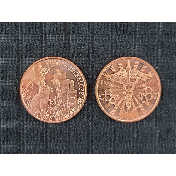 Two Copper 1 Oz Rounds - One Featuring Cryptid Jackalope & One Cannabis Coin