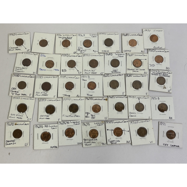 Assorted Copper Pennies - Various Years - Some Cracks & Errors - All Labeled in Cards - FV $ 0.35