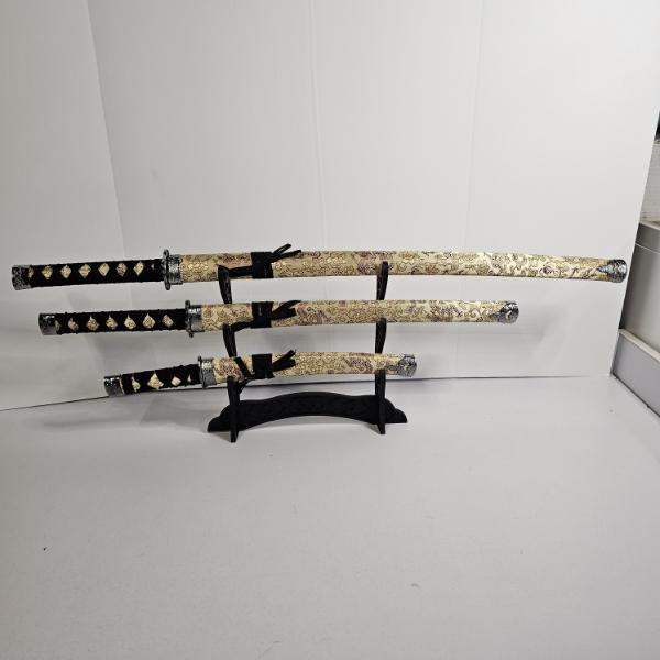 3 Piece Decorative Japanese Samurai Sword Set With Gold Dragon Fabric Scabbards And Display Stand