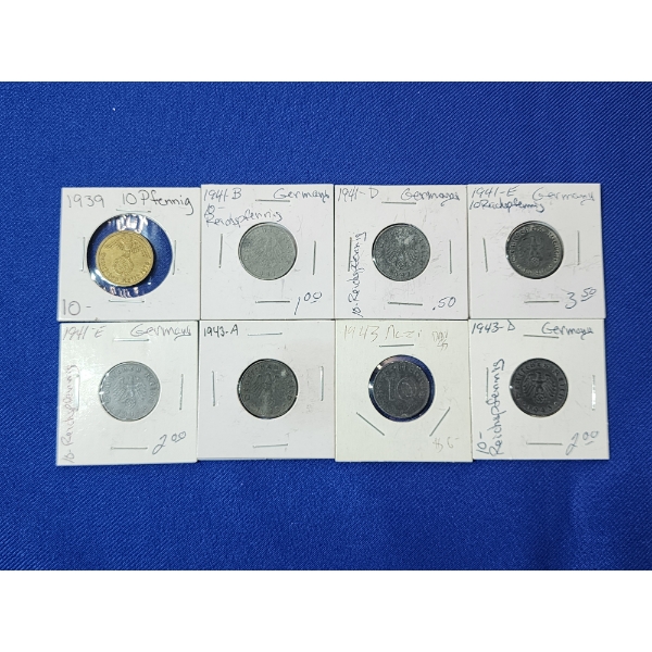 x8 Assorted Years & Mintmark Wartime Germany 10-Reichspfenning Coins Including 1939 Bronze
