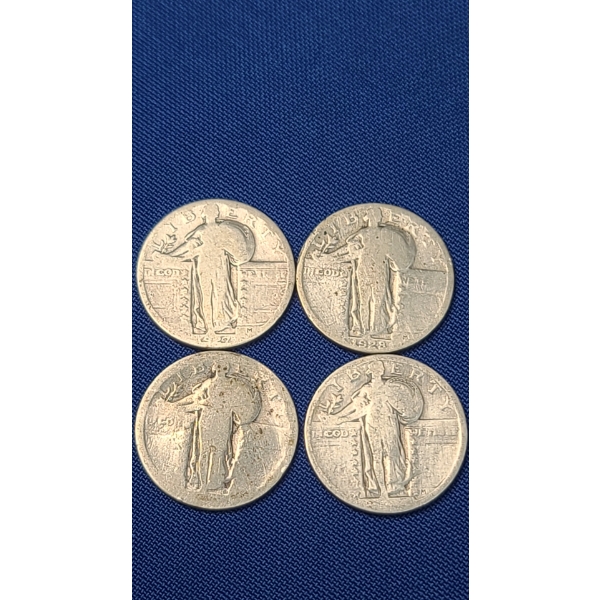 1927, 1928 & Two Other Unknown Years Silver Standing Liberty Quarters - Face Value: $1.00