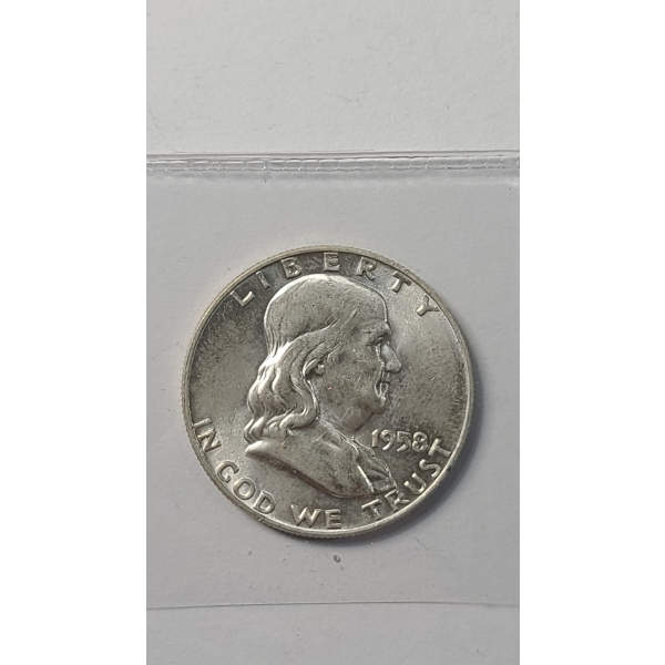 United States 1958 90% Silver Franklin Half Dollar In Coin Protector - Mint Condition