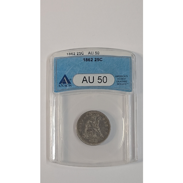 ANACS AU 50 1862 90% Silver Seated Liberty Quarter