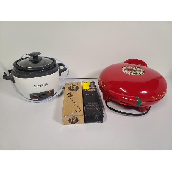 Nice Like New Kitchen Lot Ft. Rice Cooker, Quesadilla Maker & 24 Brand New Dinner Forks