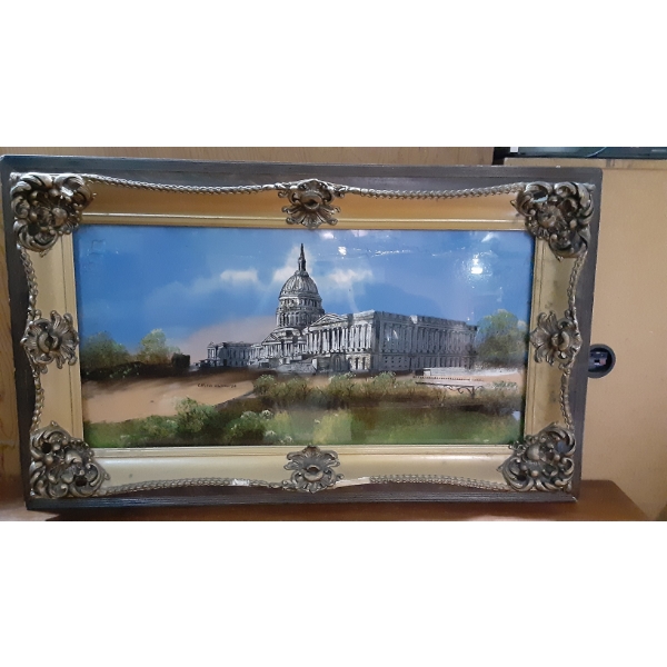 Antique RPOG Reverse Painted On Glass - United States Capital - Framed Nicely - Real Gem Here