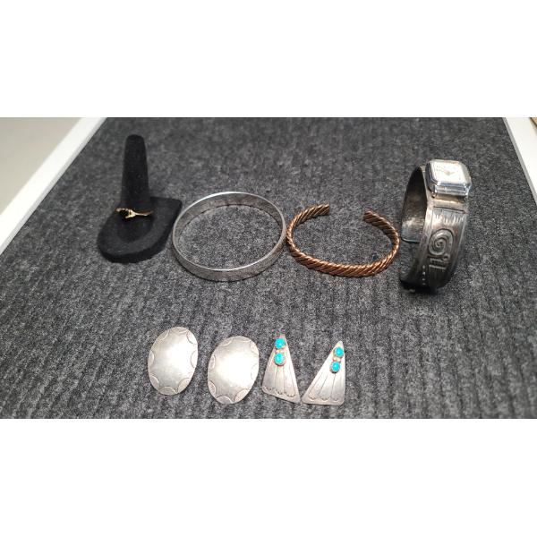 (2) Pairs Of Sterling Silver Earrings W/ Assorted Bangle Bracelets, Unique Bangle Style Watch & Ring