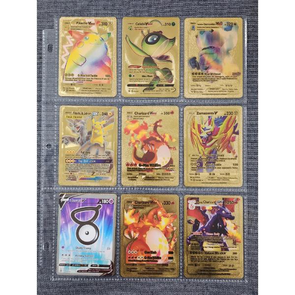 Binder Page Full of Assorted Gold Foil Pokemon Trading Cards Including Charizard!