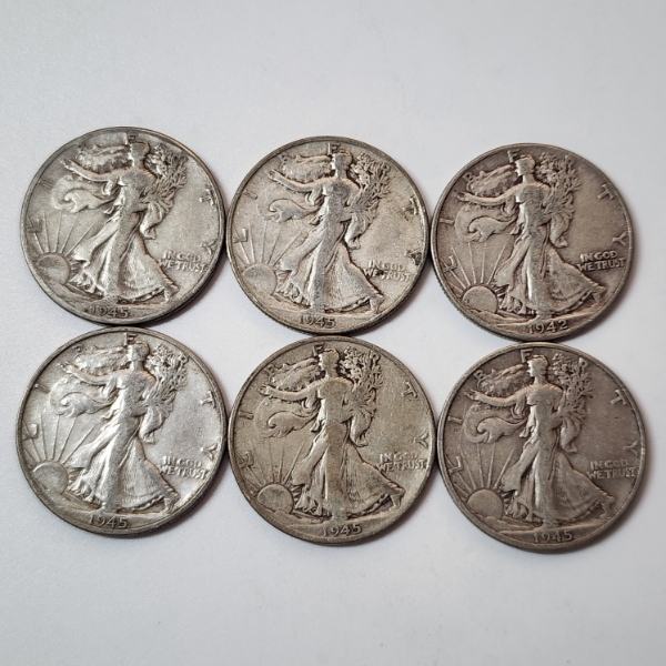 Six Assorted Years United States 90% Silver Walking Liberty Half Dollars - Face Value: $3.00