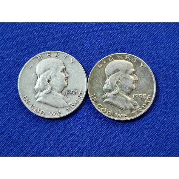 2 - 90% Silver Franklin Half Dollars: 1953-D & 1958-D