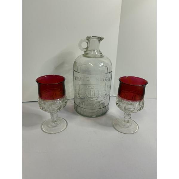 White House Vinegar Glass Bottle with 2 Gorgeous Red Rimmed Wine Glasses