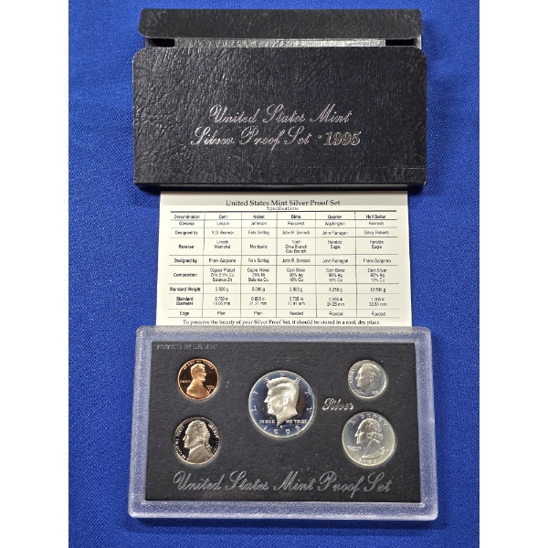 1995 S United States Mint Silver Proof Set - 5 Coin Set w/ Box & COA