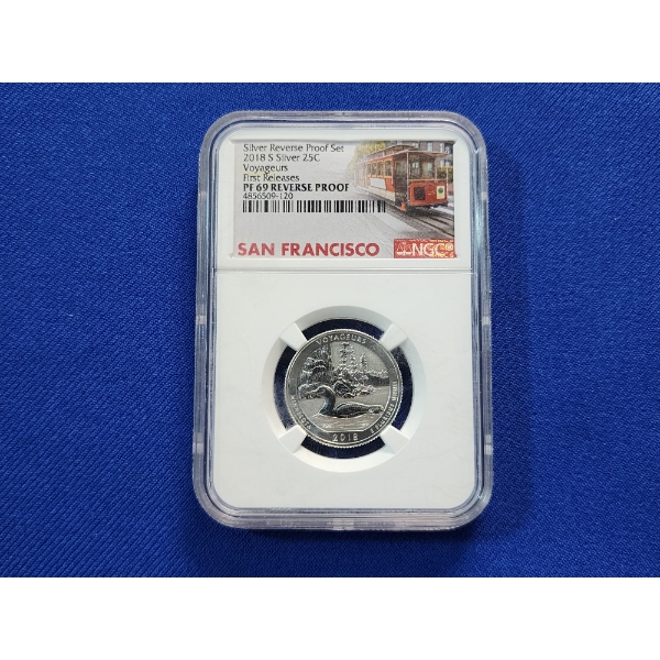 2018-S Silver Quarter First Releases Voyageurs eases NGC Graded PF 69 REVERSE PROOF