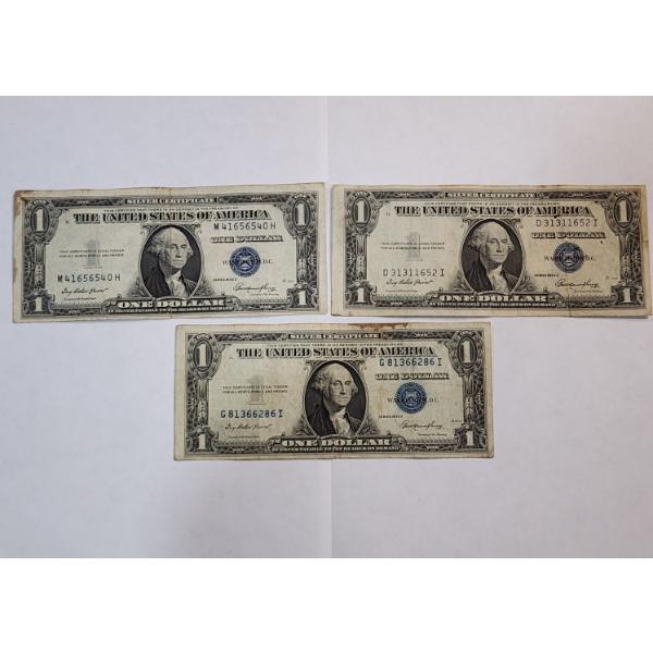 Three Assorted United States $1 Blue Seal Silver Certificates FV: $3.00