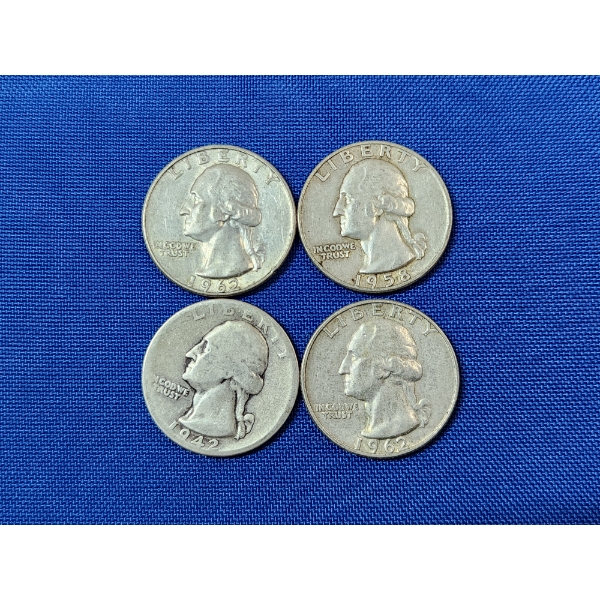 Four Assorted Years Silver Washington Quarters - 90% U.S. Silver - FV: $1.00