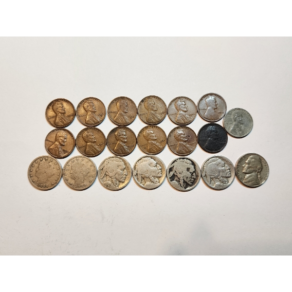 Assorted U.S. Coins Wheat Cents, Steel Cent, Buffalo, "V"  and Jefferson Nickels Face Value: $0.48