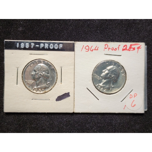 Two 90% Silver Washington Proof Quarters - 1957 & 1964 - 90% SILVER FACE VALUE - $0.50
