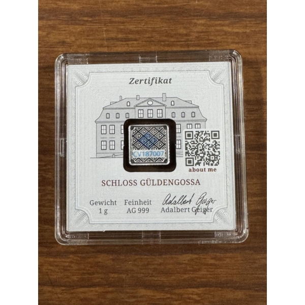 1 Gram .999 Fine Geiger Silver Bar In Original Case With Certificate - Mint Condition