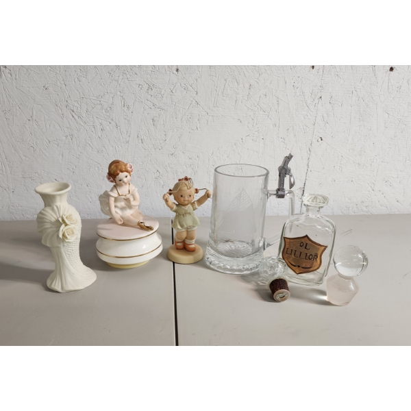 Lot of Assorted Collectibles: Candle Holder, Figurines, Apothecary Bottle, Glass Stoppers