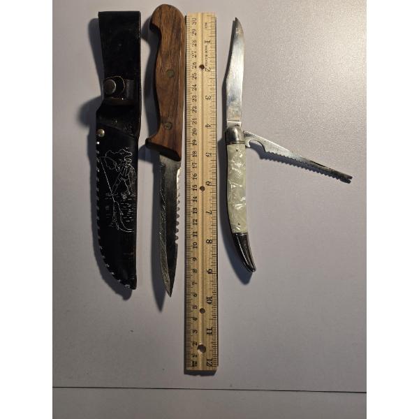 (2) Knives - Folding Knife with Pearl Handle and Double Sided Knife with Leather Sheath