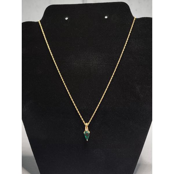 Gold-Tone Costume Necklace With Emerald Colored Drop Pendant