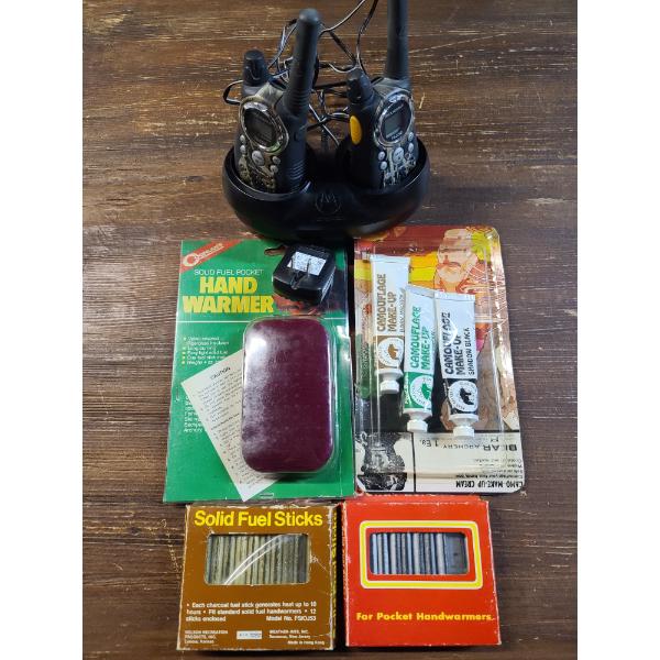 Lot of Assorted Hunting Gear - Walkie Talkies, Hand Warmer & Fuel Sticks & Camo Makeup