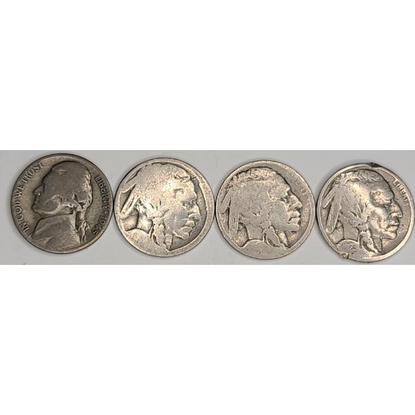 Assorted U.S Buffalo Nickels & 1945 35% Silver Jefferson Wartime Nickel - Face Value: $0.04