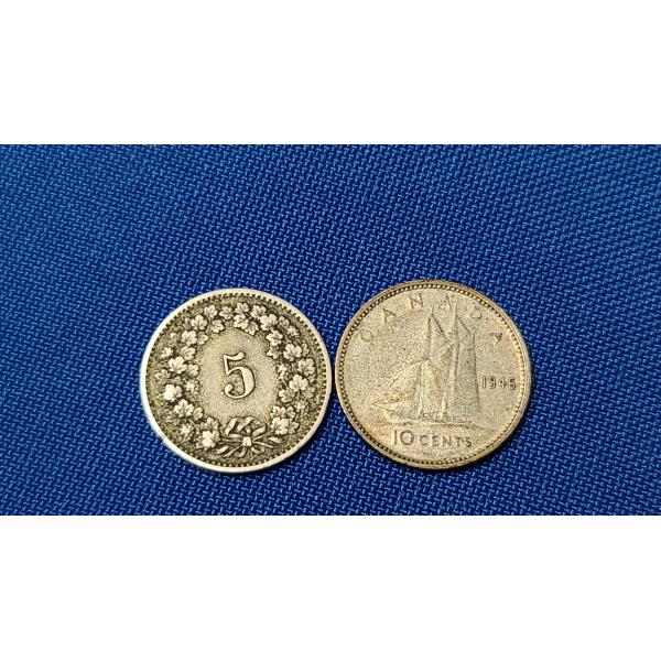 Silver 1946 Canadian 10 Cent & 1882 Swiss 5 Rappen Coin (Non-Silver)