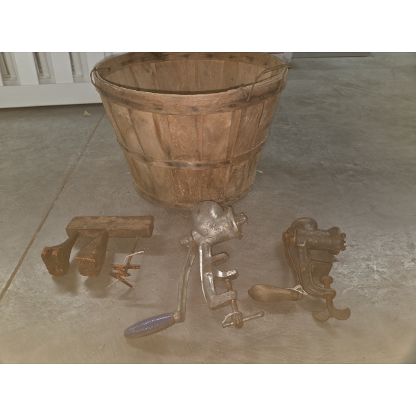 Vintage Basket, Metal Stamp, & Grinders