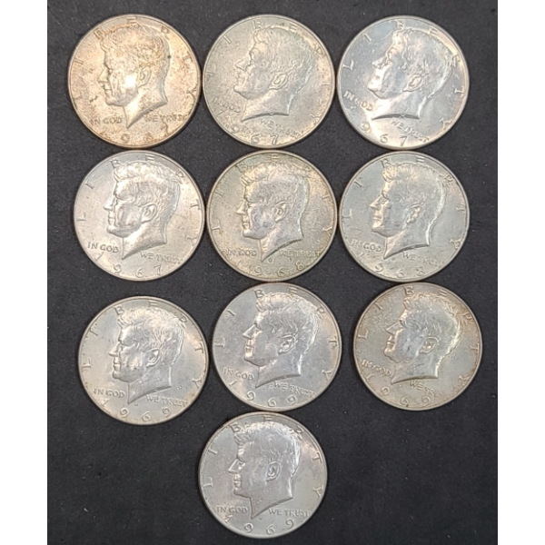 United States 1967, 1968, 1969 Philadelphia/Denver Mint 40% Silver Kennedy Half Dollars - FV: $5.00