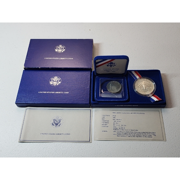 United States 1986 Liberty Coins Including 90% Silver Dollar - With Box & CoA 